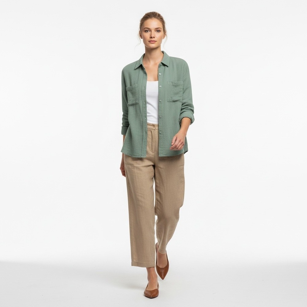 Gap Capsule Crinkle Double Gauze Cotton Button Down Shirt Sage Green Small NEW